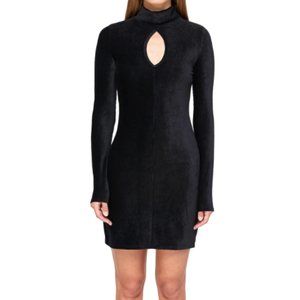 New Dual Nature Rib Velour Keyhole Mock Neck Long Sleeve Mini Dress Black Medium